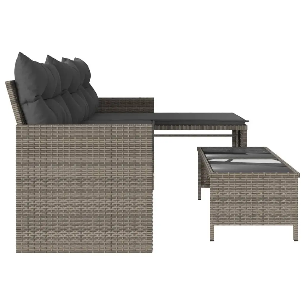 L-Shaped Garden Sofa Set Grey Poly Rattan with Table and Cushions