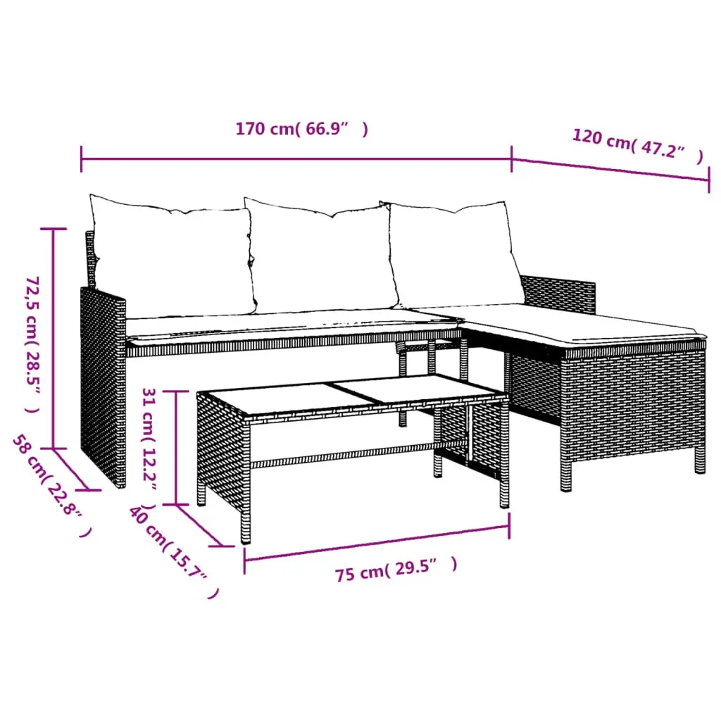 L-Shaped Garden Sofa Set Grey Poly Rattan with Table and Cushions