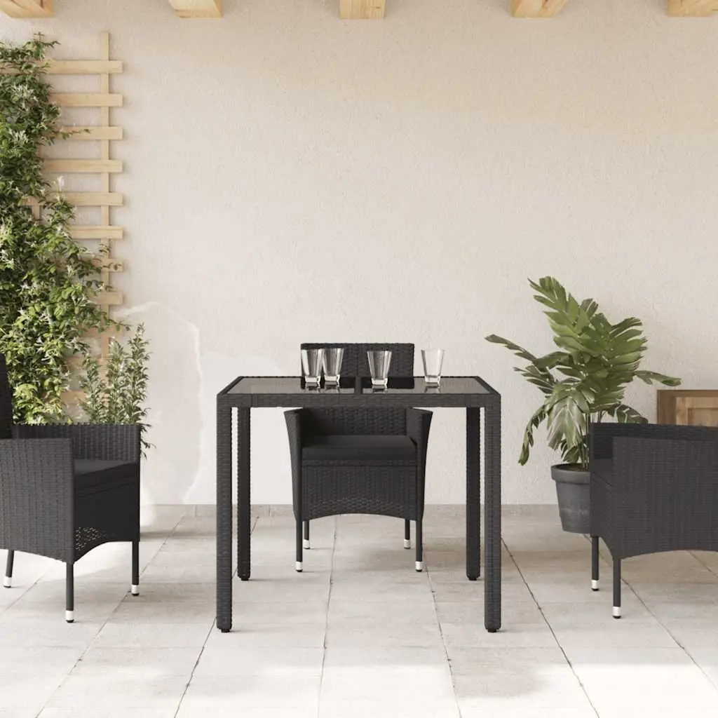 Garden Table Glass Top Black 90x90x75cm Poly Rattan Outdoor Furniture