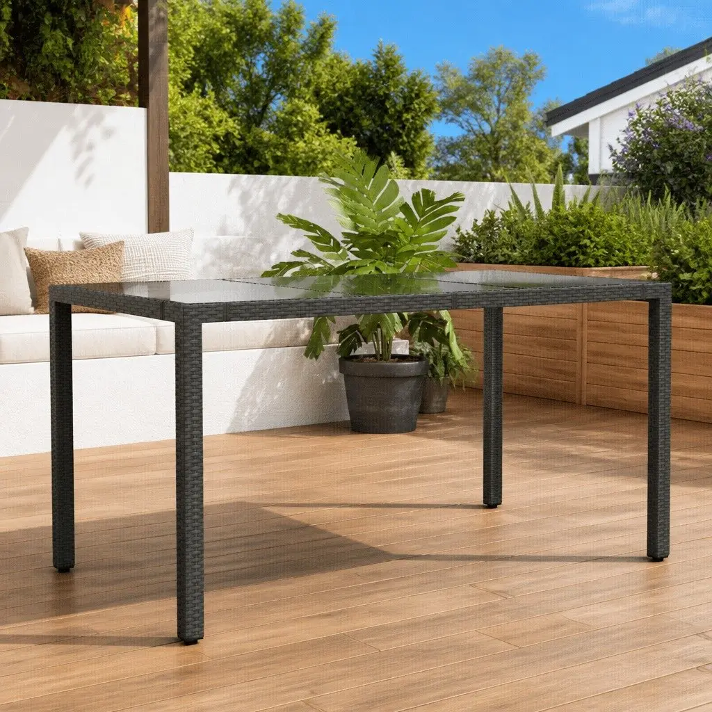 Garden Table Glass Top Black Outdoor Patio Furniture 150 x 90 x 75 cm