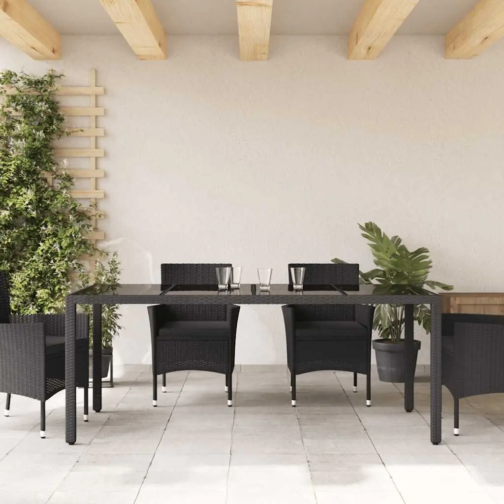 Garden Table with Tempered Glass Top Black Outdoor Poly Rattan Patio Furniture