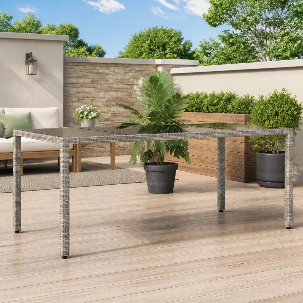 Outdoor Garden Table Grey Poly Rattan Glass Top 190x90x75cm