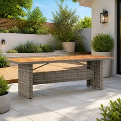 Garden Table Outdoor Patio Furniture Grey Poly Rattan Acacia Wood Top