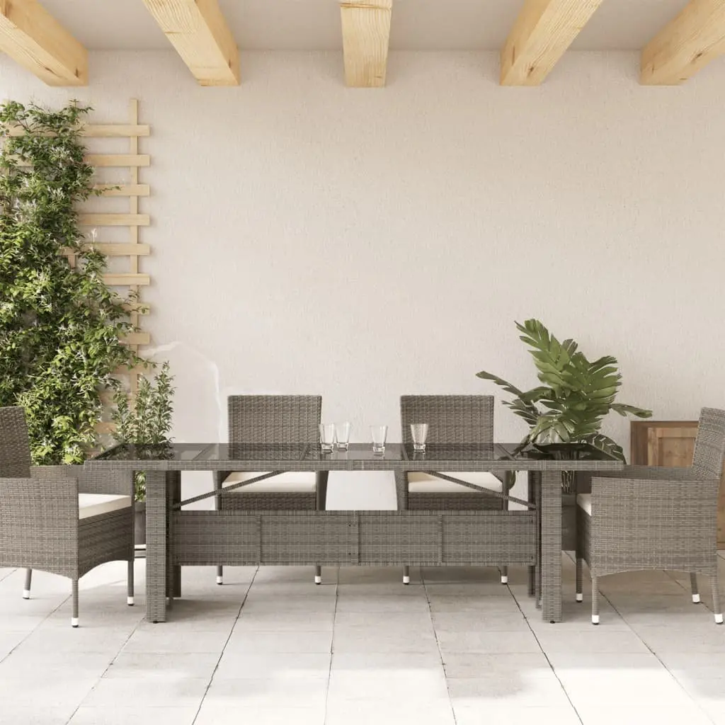 Garden Table Grey Poly Rattan Glass Top 240x90x75cm