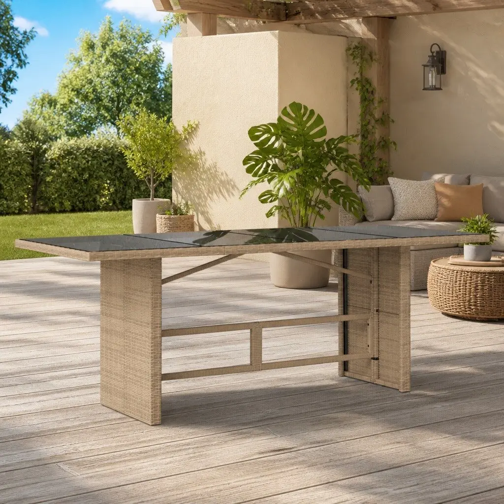 Garden Table Glass Top Beige 190x80x75cm Poly Rattan