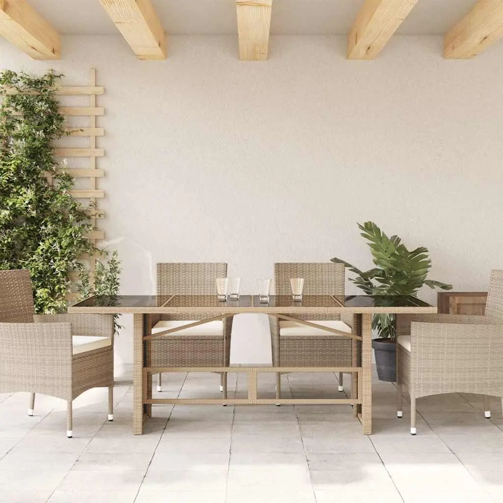Garden Table Glass Top Beige 190x80x75cm Poly Rattan