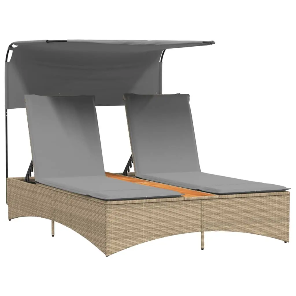 Double Sun Lounger Canopy Adjustable Backrest Cushions Beige