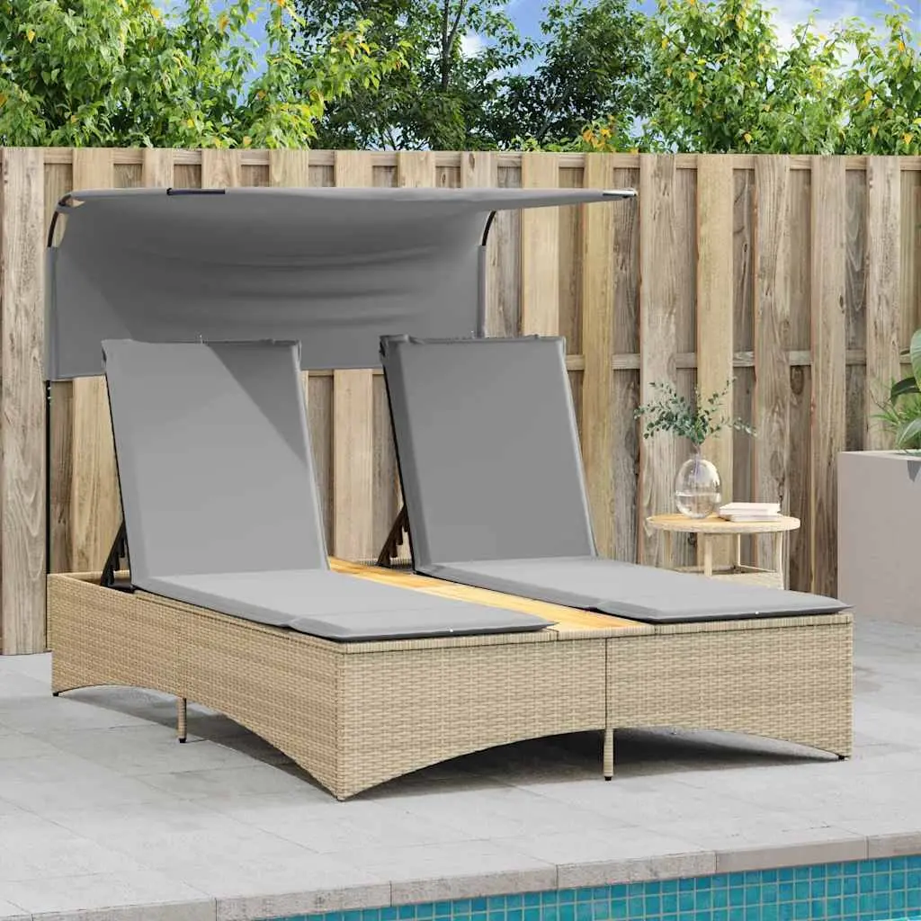 Double Sun Lounger Canopy Adjustable Backrest Cushions Beige