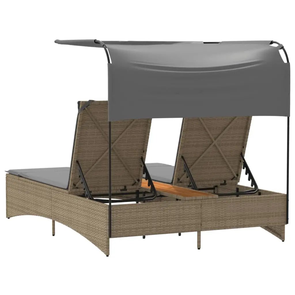 Double Sun Lounger Canopy Adjustable Backrest Cushions Beige