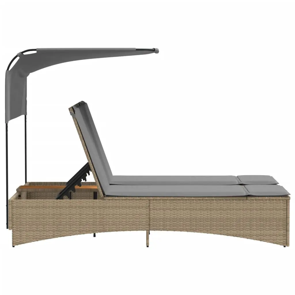 Double Sun Lounger Canopy Adjustable Backrest Cushions Beige