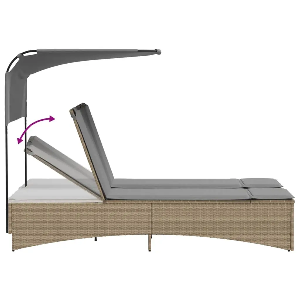 Double Sun Lounger Canopy Adjustable Backrest Cushions Beige