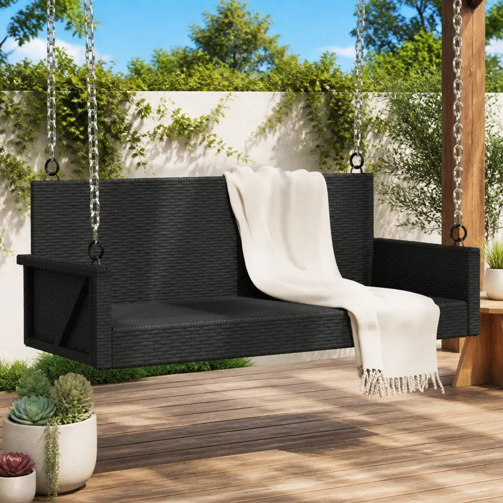 Outdoor Swing Bench Black Poly Rattan 119 x 56 x 48 cm