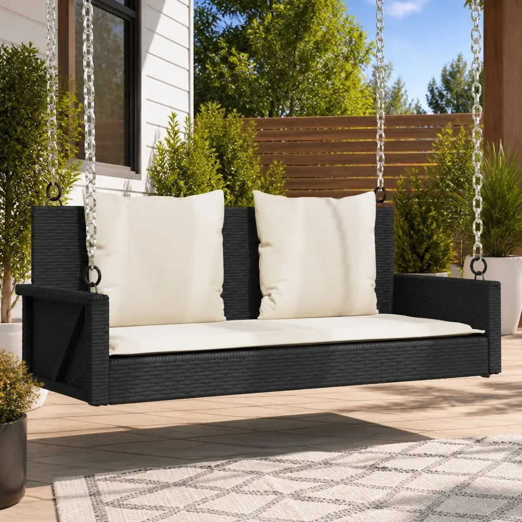 Outdoor Swing Bench Black Poly Rattan with Cushions 119 x 56 x 48 cm