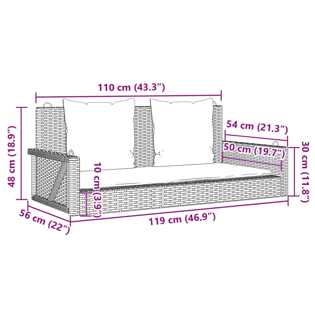 Outdoor Swing Bench Black Poly Rattan with Cushions 119 x 56 x 48 cm