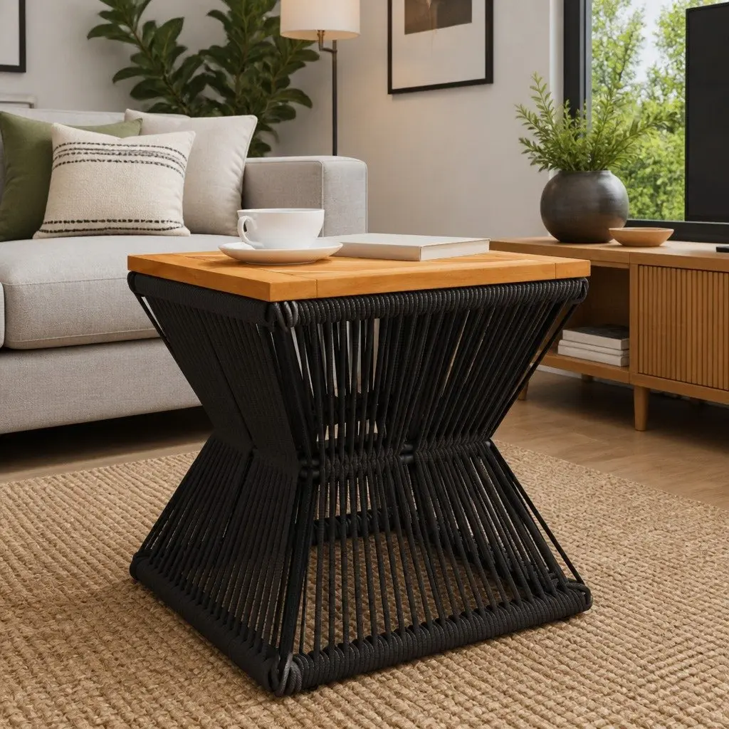 Coffee Table Solid Wood Top Steel Wire Base Compact Size Brown