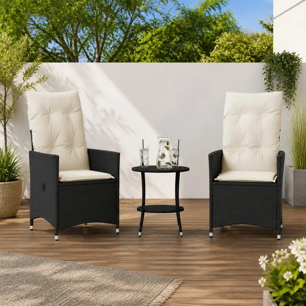 Bistro Set 3 Piece Outdoor Furniture PE Rattan Adjustable Backrest Cushions