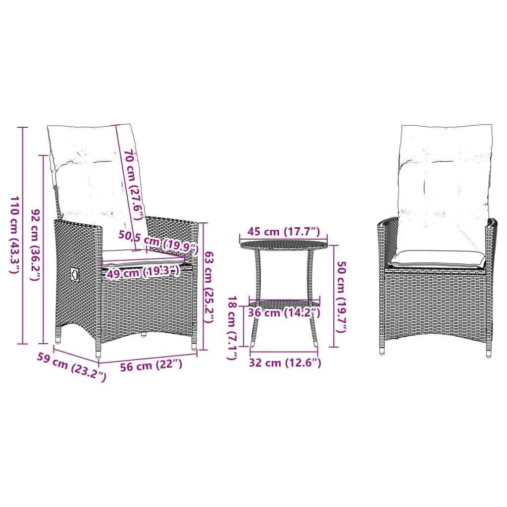 Bistro Set 3 Piece Outdoor Furniture PE Rattan Adjustable Backrest Cushions