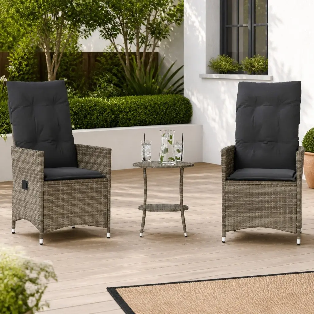 Outdoor Bistro Set 3 Piece Garden Furniture with Cushions Grey Poly Rattan