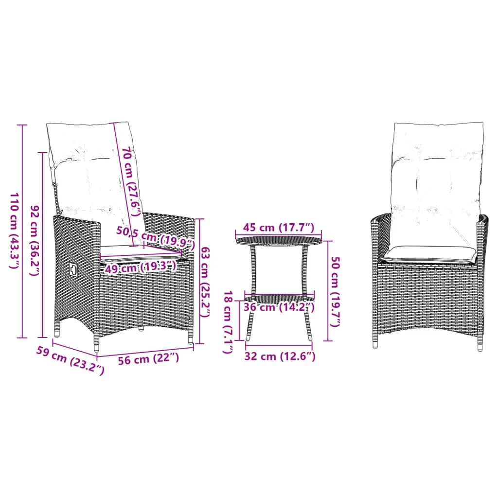 Outdoor Bistro Set 3 Piece Garden Furniture with Cushions Grey Poly Rattan