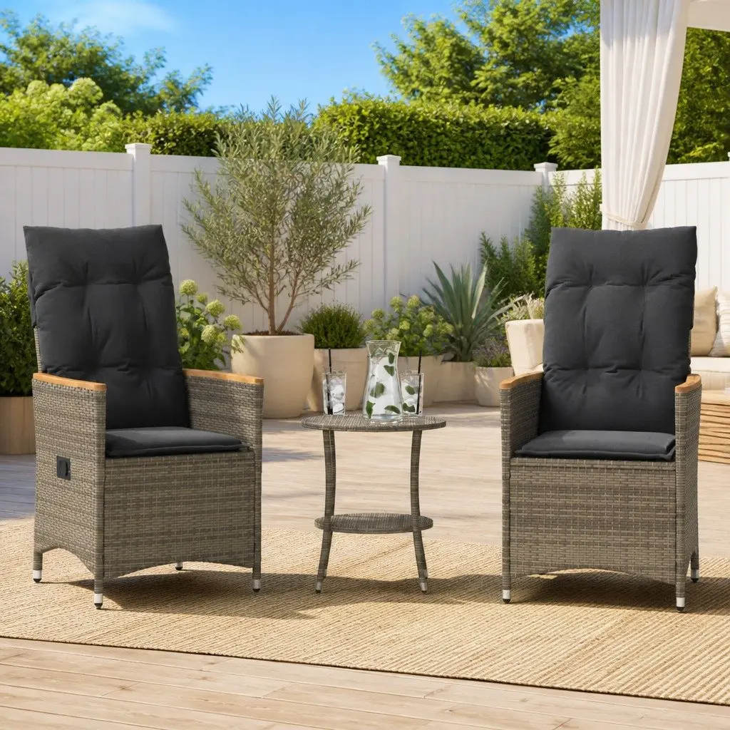 3 Piece Outdoor Bistro Set Grey Poly Rattan Adjustable Backrest