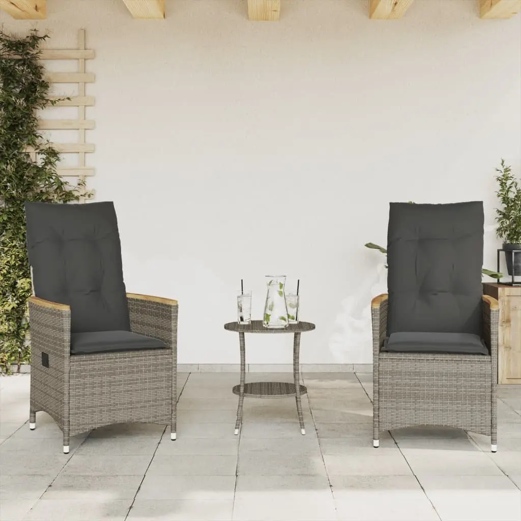 3 Piece Outdoor Bistro Set Grey Poly Rattan Adjustable Backrest