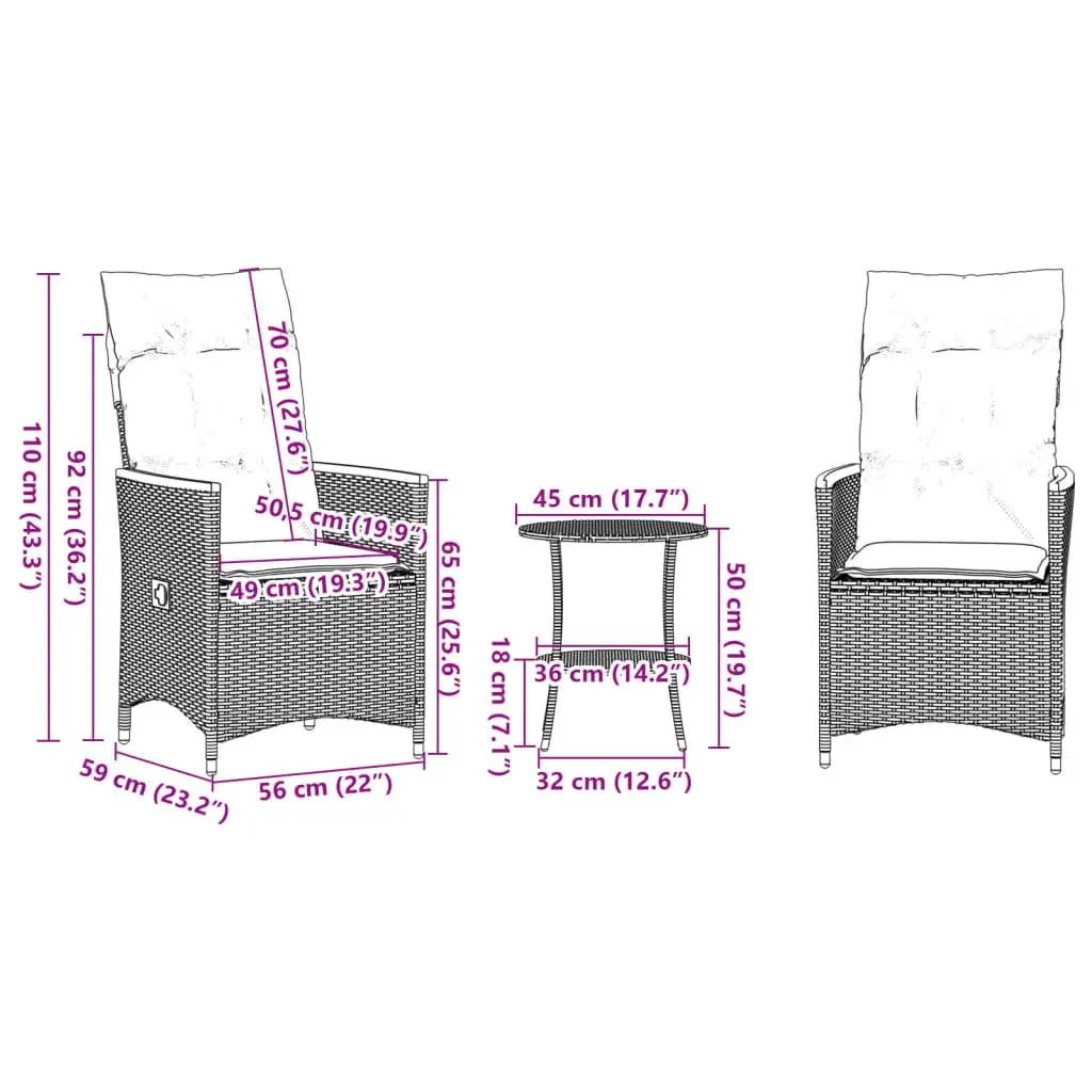 3 Piece Outdoor Bistro Set Grey Poly Rattan Adjustable Backrest