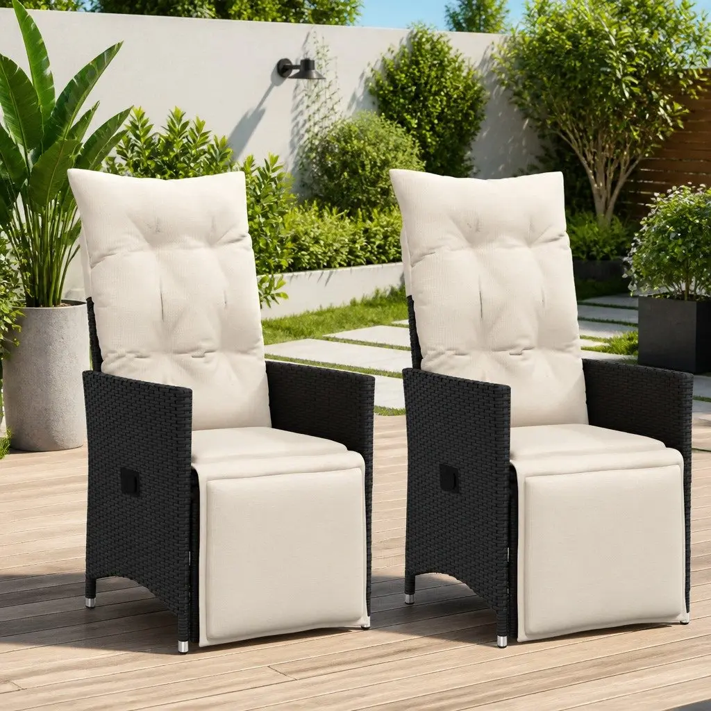 Reclining Garden Chairs 2 pcs Outdoor Seating with Cushions Black Poly Rattan