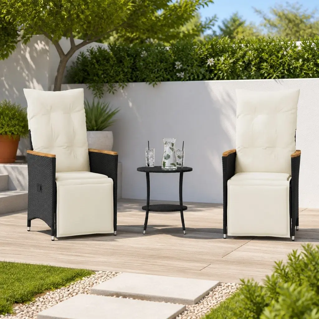 Bistro Set Black Poly Rattan Outdoor Patio Furniture 3 Piece Adjustable Backrest Cushions