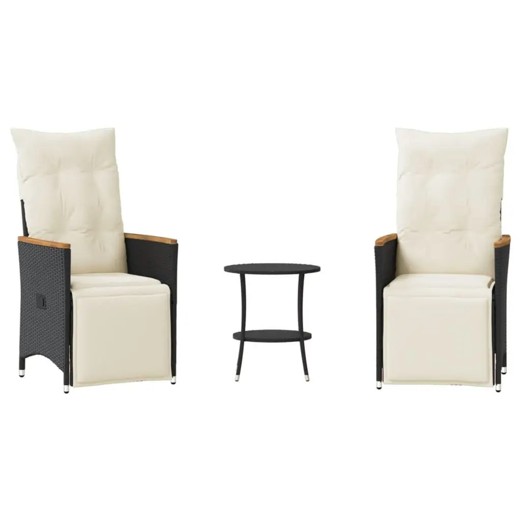 Bistro Set Black Poly Rattan Outdoor Patio Furniture 3 Piece Adjustable Backrest Cushions