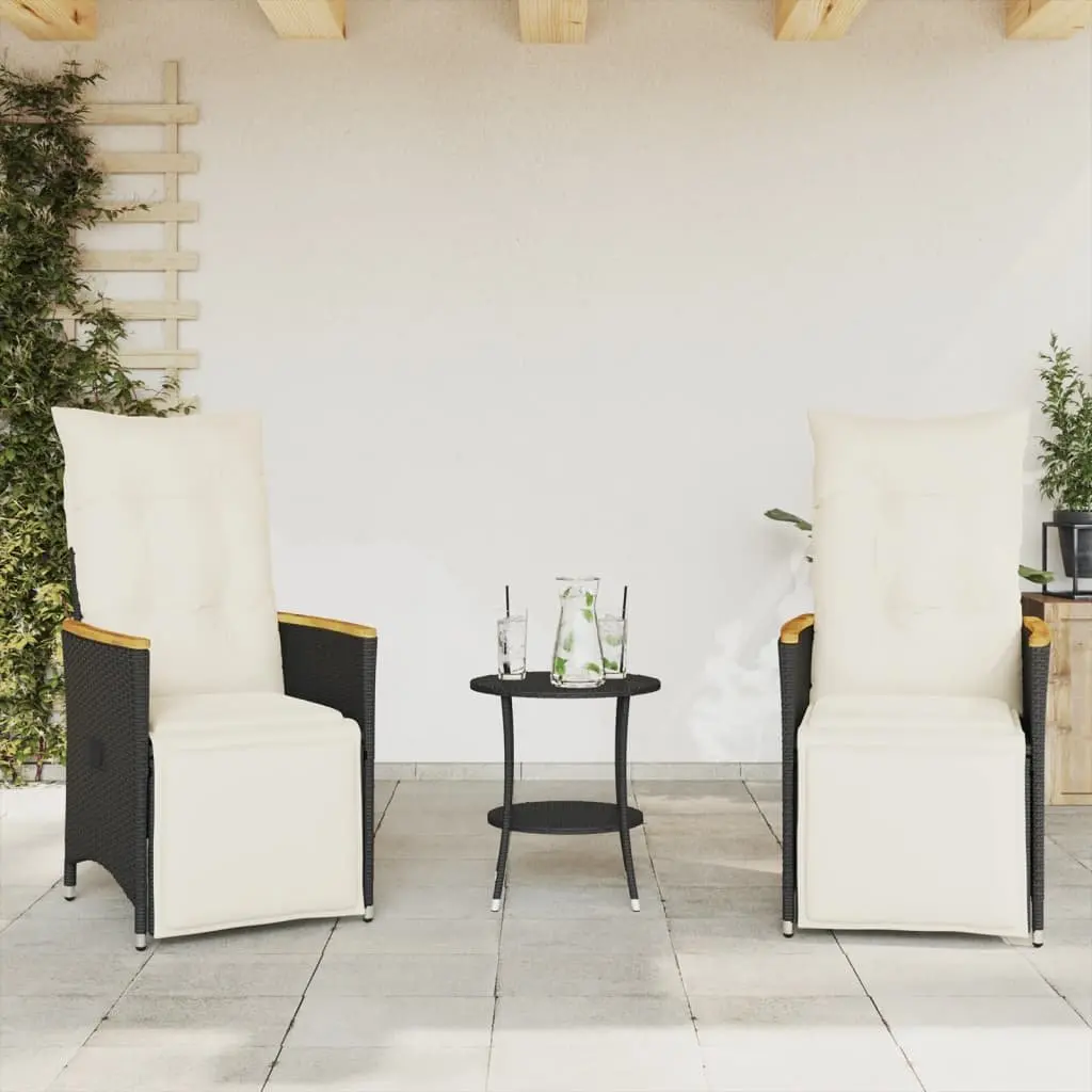 Bistro Set Black Poly Rattan Outdoor Patio Furniture 3 Piece Adjustable Backrest Cushions