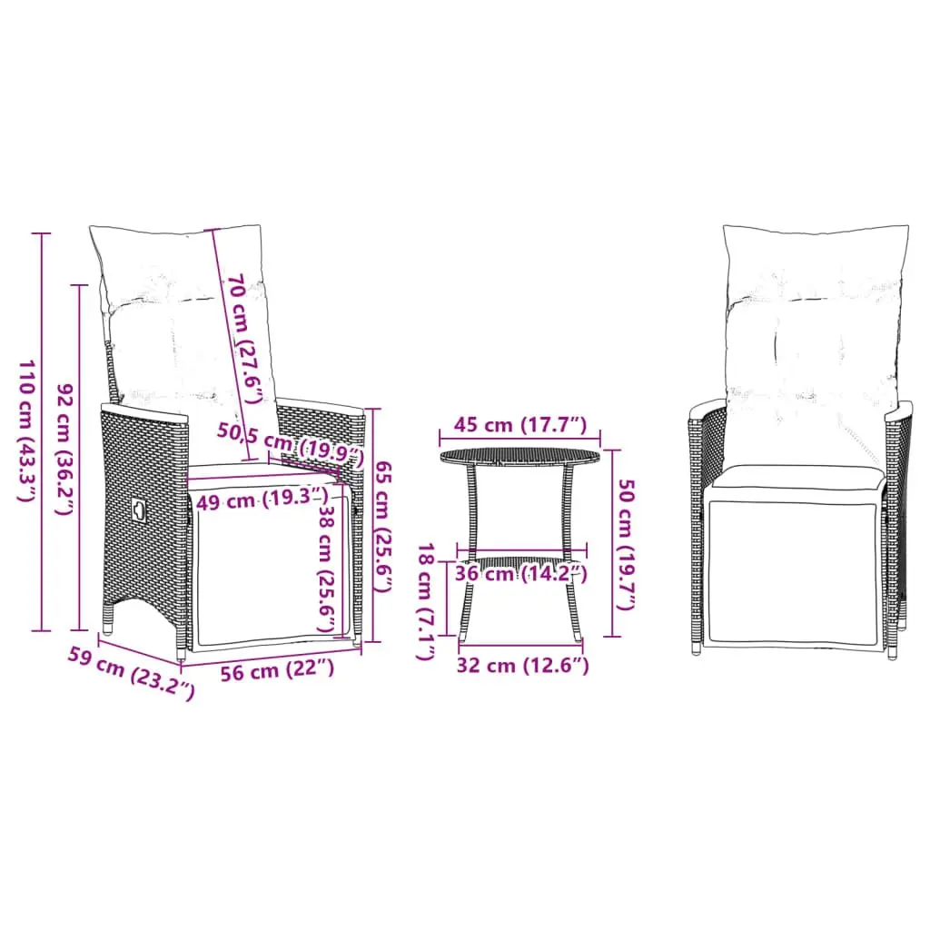 Bistro Set Black Poly Rattan Outdoor Patio Furniture 3 Piece Adjustable Backrest Cushions