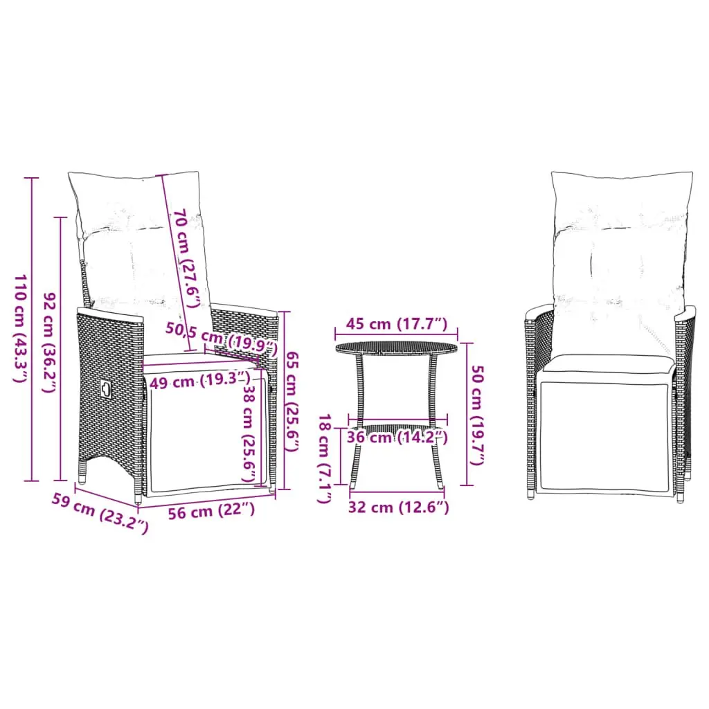 Outdoor Bistro Set Grey Poly Rattan 3 Piece with Cushions