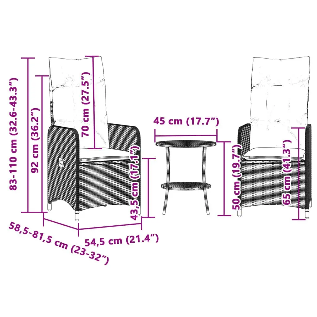 Reclining Garden Chairs Set 2 Piece Adjustable Backrest Grey PE Poly Rattan