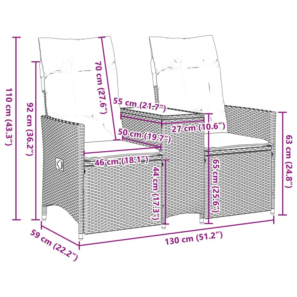2-Seater Outdoor Reclining Garden Sofa with Integrated Table Black