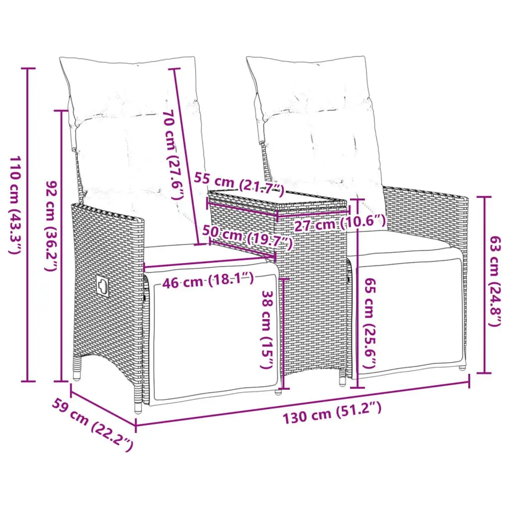 Reclining Garden Sofa 2-Seater with Central Table Black