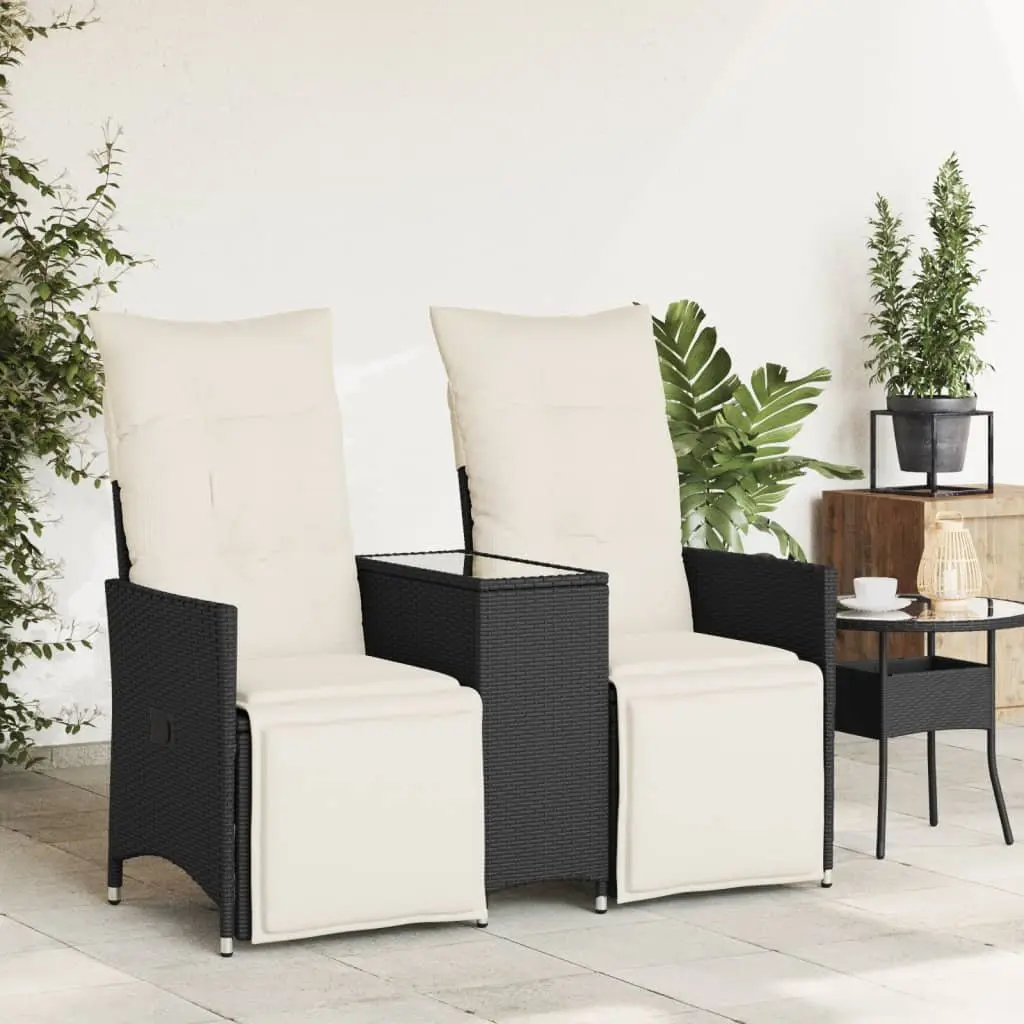 Reclining Garden Sofa 2-Seater with Central Table Black