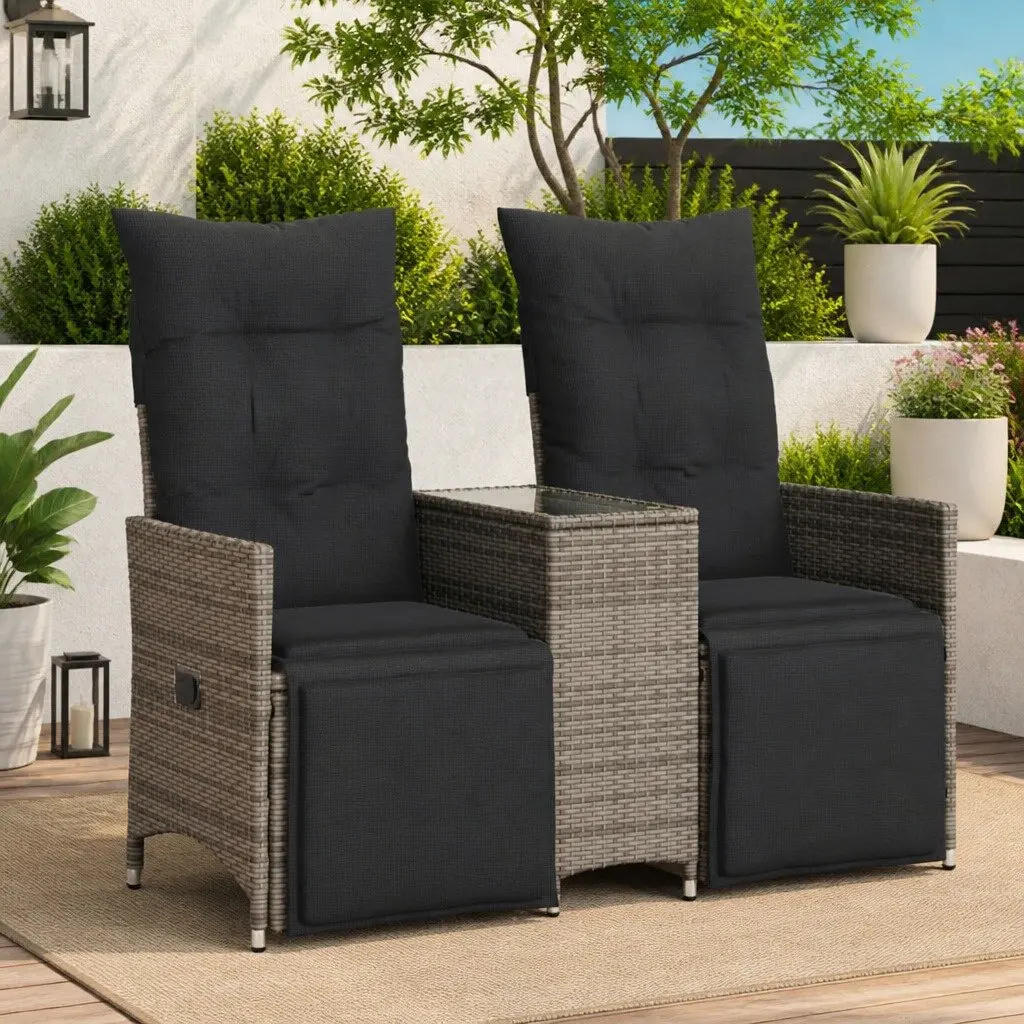2-Seater Outdoor Garden Sofa with Adjustable Backrest and Central Table Grey Poly Rattan