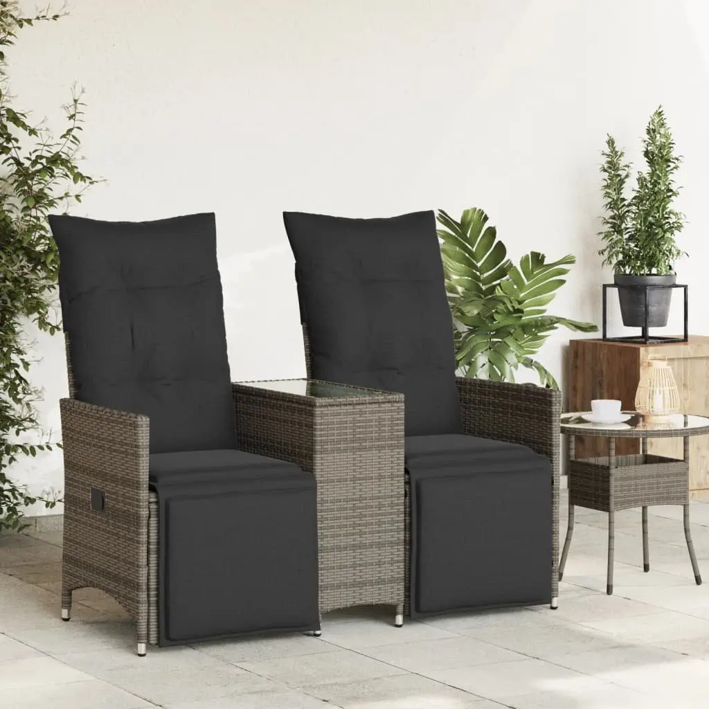 2-Seater Outdoor Garden Sofa with Adjustable Backrest and Central Table Grey Poly Rattan