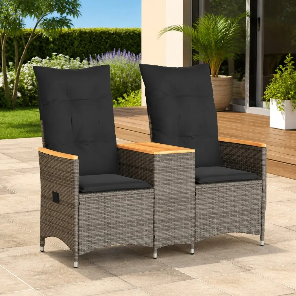 Reclining Garden Sofa Grey Poly Rattan 2-Seater with Integrated Table