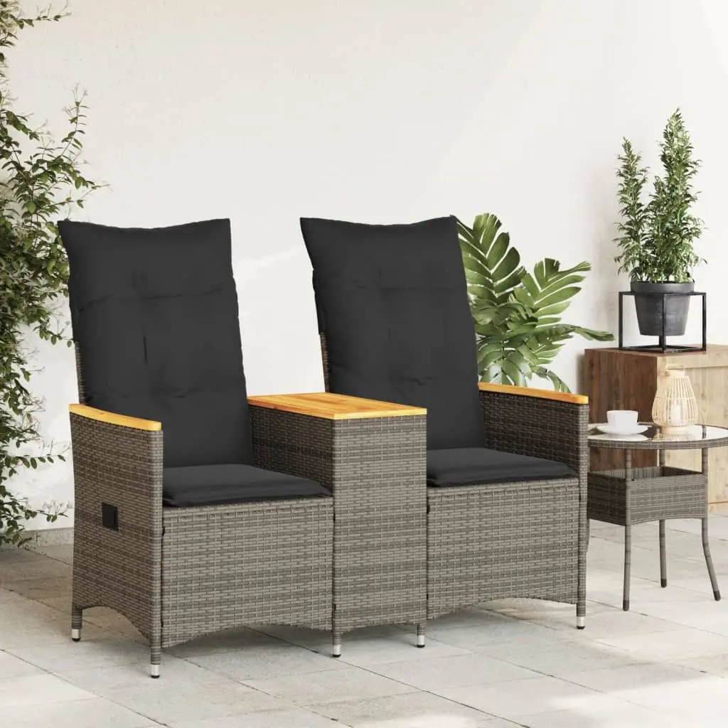 Reclining Garden Sofa Grey Poly Rattan 2-Seater with Integrated Table