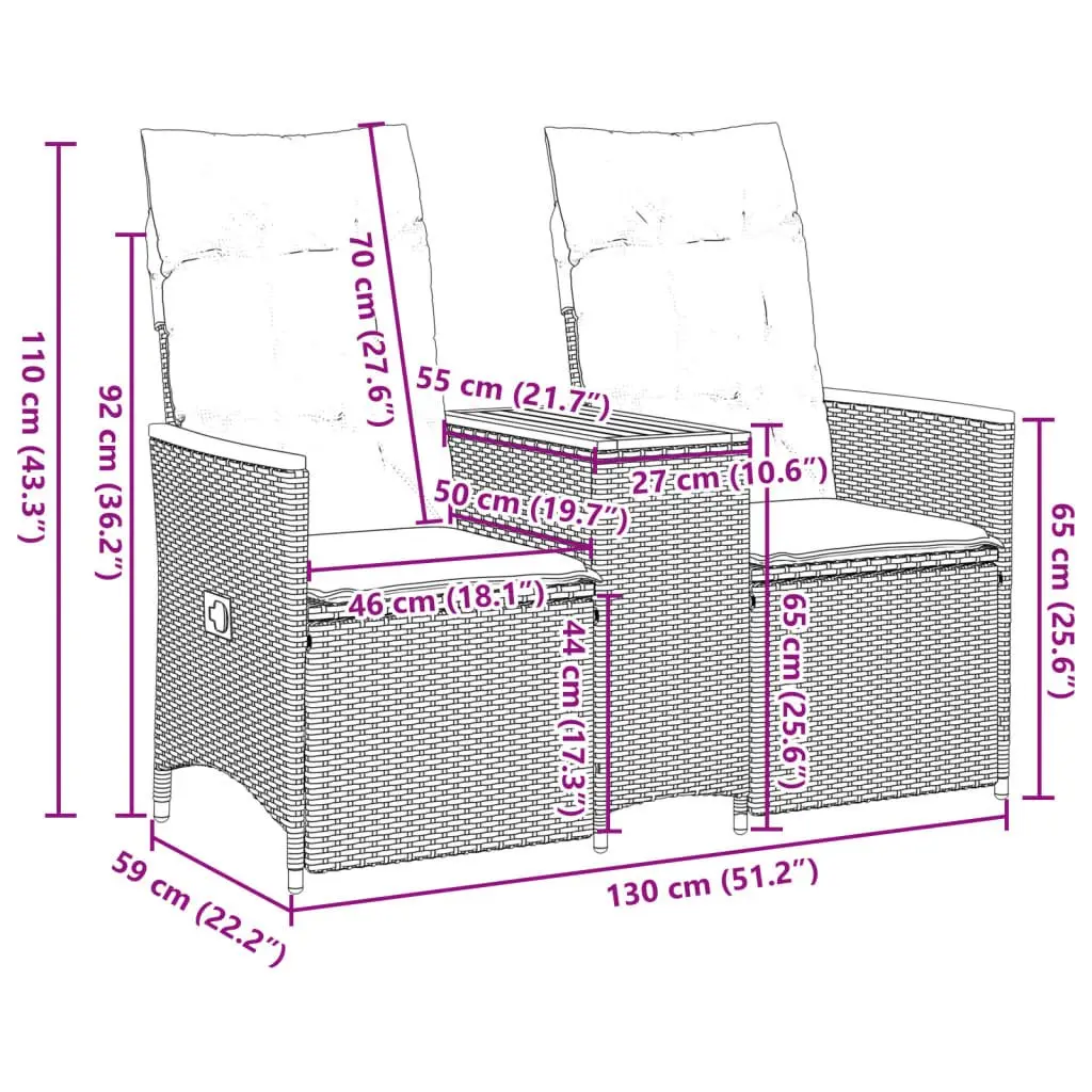 Reclining Garden Sofa Grey Poly Rattan 2-Seater with Integrated Table