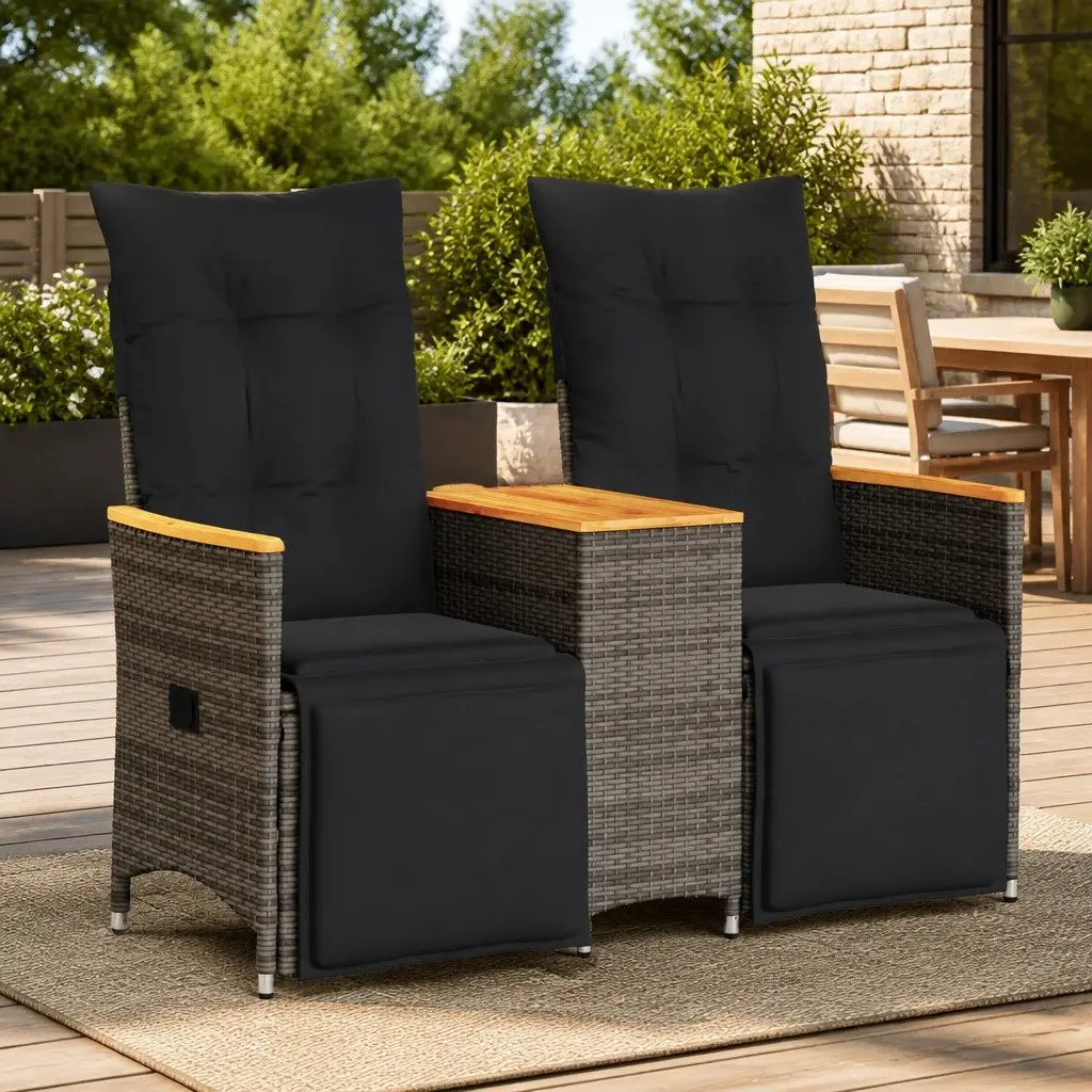 Reclining Garden Sofa Grey Poly Rattan 2-Seater with Central Table