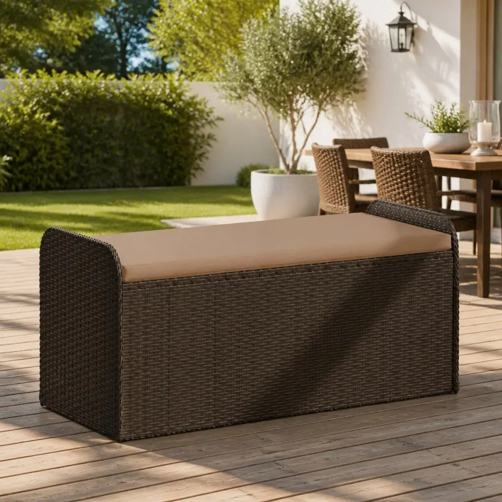 Outdoor Storage Bench with Cushion Brown Poly Rattan 115 x 51 x 52 cm