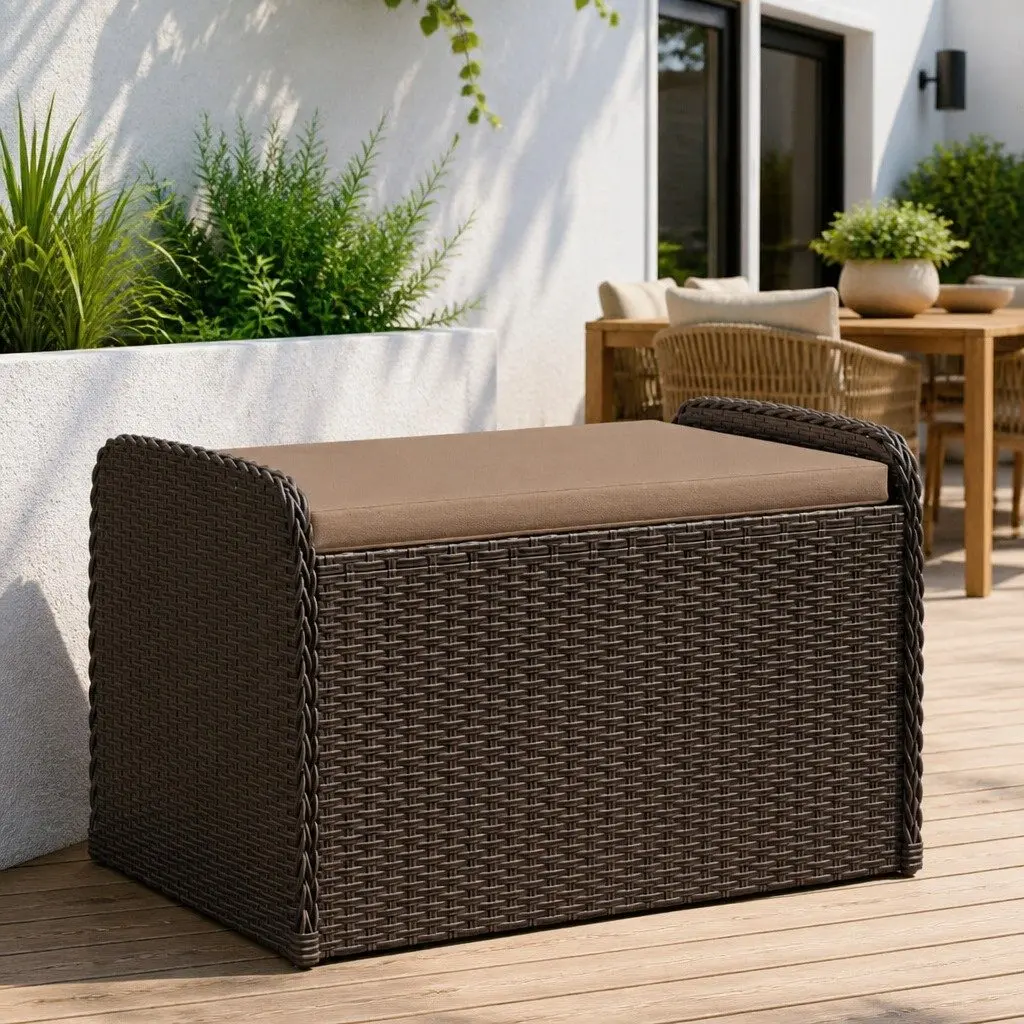 Outdoor Storage Bench with Cushion Brown Garden Seating Poly Rattan Organizer