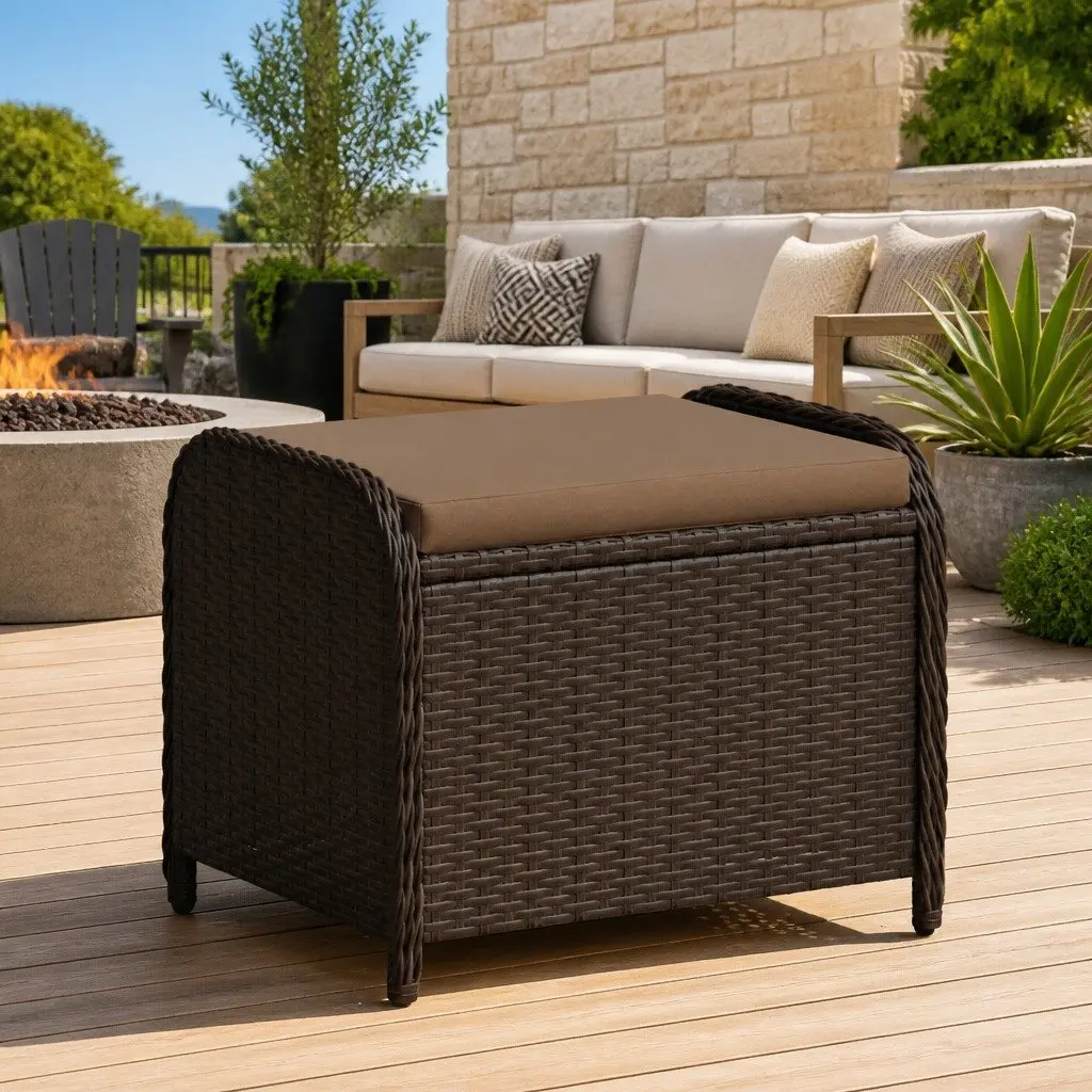 Garden Stool with Cushion Brown Outdoor Foot Rest Poly Rattan Seat Relax