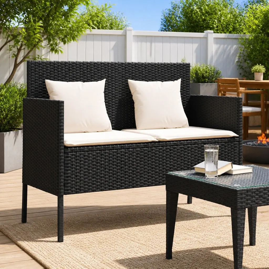 Garden Bench with Storage Black Poly Rattan Outdoor Seating Furniture