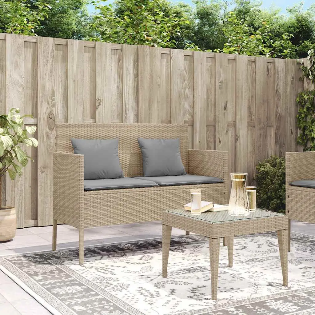 Garden Bench Storage Beige Poly Rattan Outdoor Seating with Padded Cushion