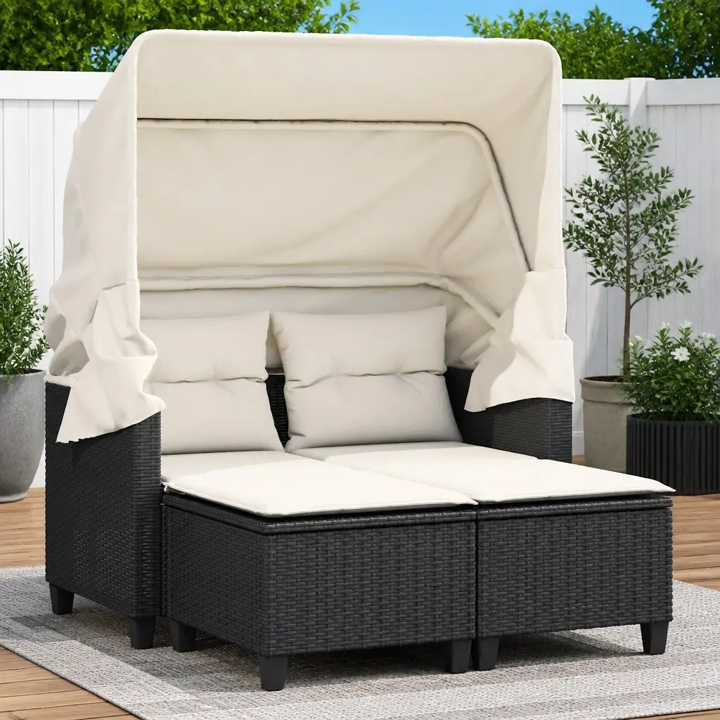 Outdoor Garden Sofa 2-Seater with Retractable Canopy Black Poly