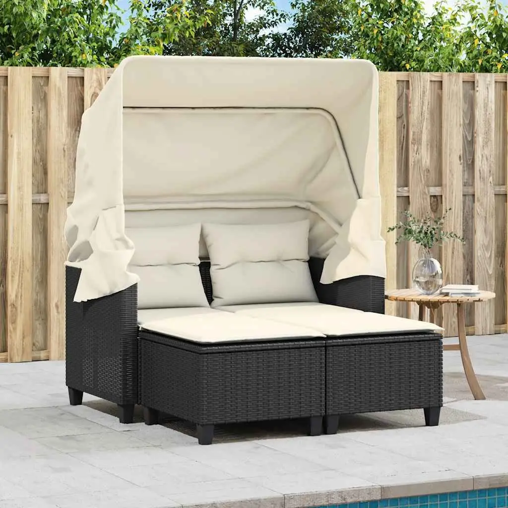 Outdoor Garden Sofa 2-Seater with Retractable Canopy Black Poly