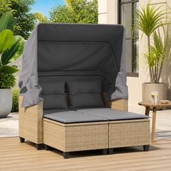 2-Seater Garden Sofa with Retractable Canopy and Stools Outdoor Lounge Beige